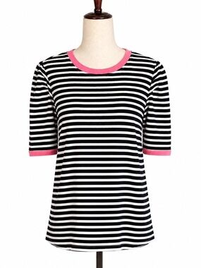Rebecca Minkoff Black & White Striped Women's Tee with Pink Trim- fits like L